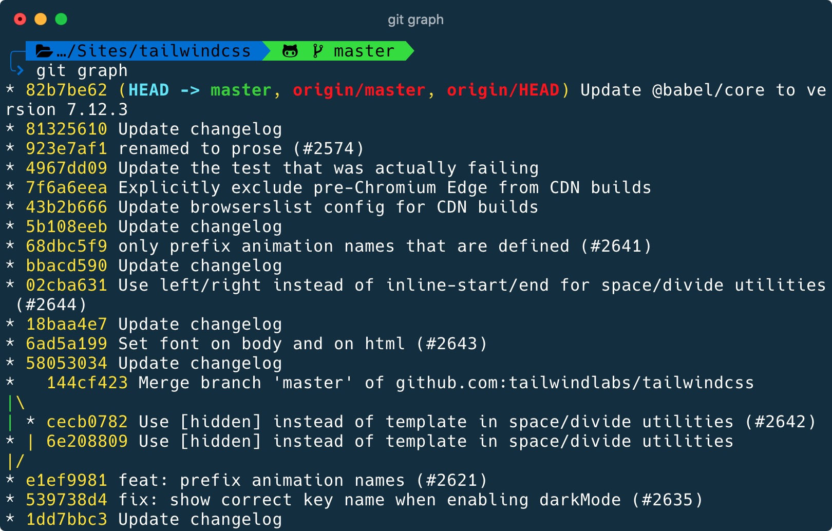 git graph example in the Tailwind CSS repository