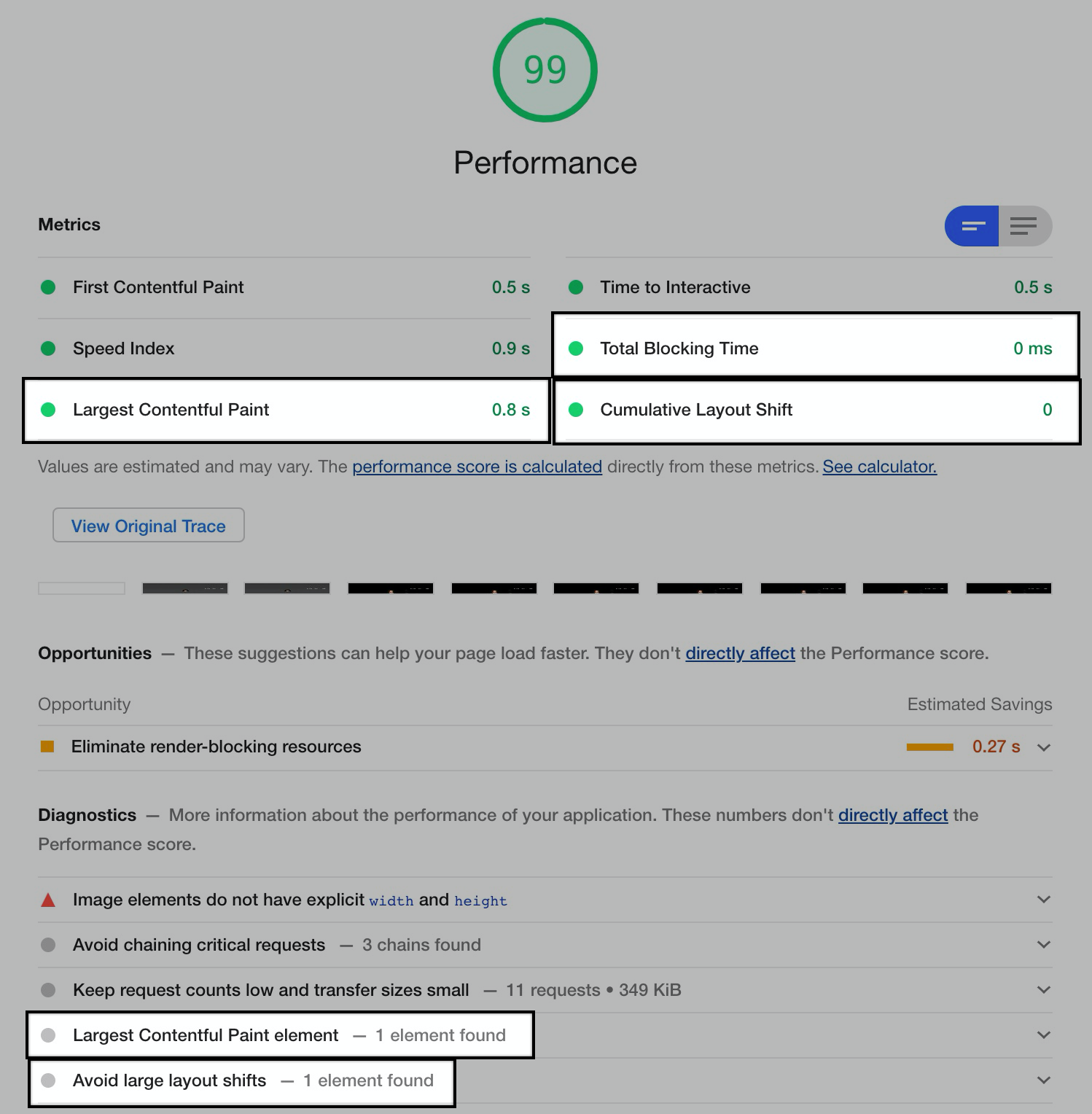 Web Vitals information in Lighthouse report